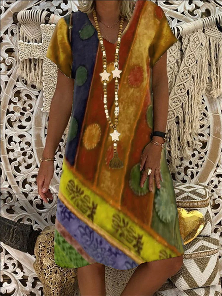 

Women's Dress 2021 Summer New Fashion Women's Vintage Printed Loose Casual Short Sleeve Plus Size Dress