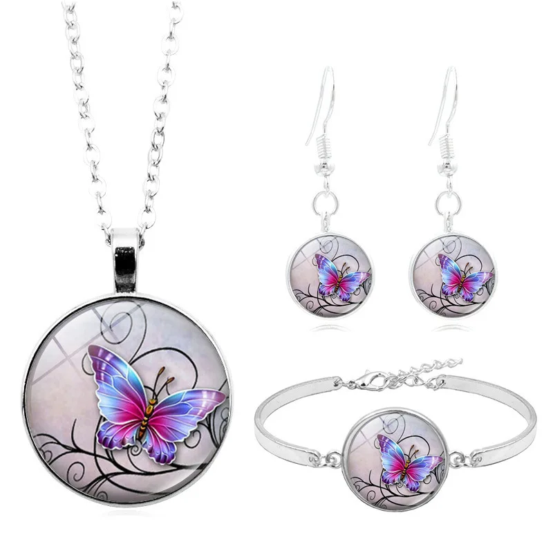 

Tile Jewelry Butterfly Glass Cabochon Necklace Stud Earrings Bracelet Bangle Set Totally 4Pcs Tree Celestial Women's Jewelry Set