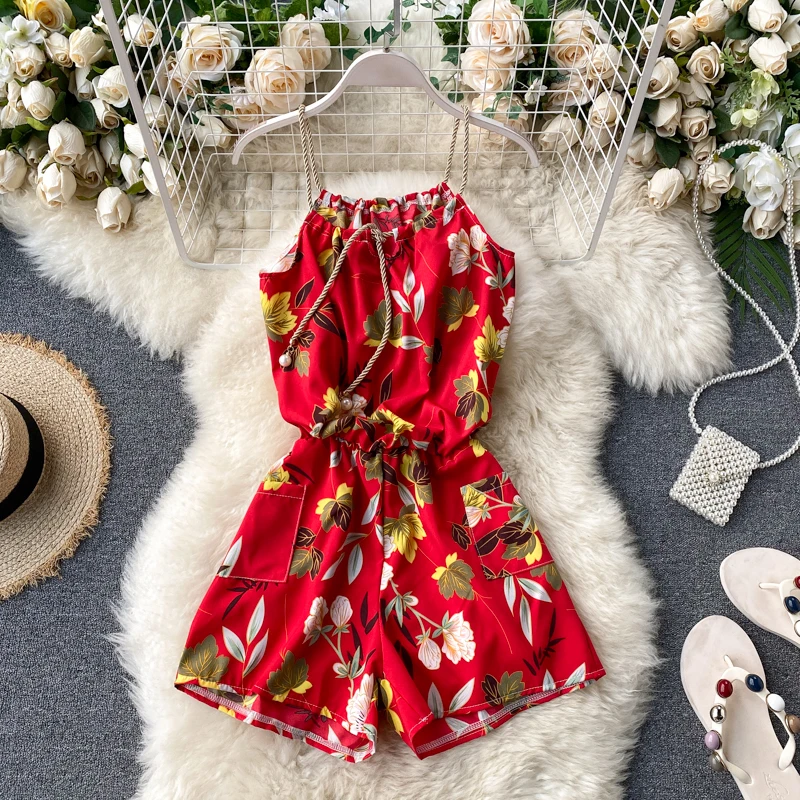 

Smlinan Summer Beach Style Sexy Playsuits Women Fashion Print Floral Vintage Wide Leg Short Jumpsuit Female Wide Leg Rompers