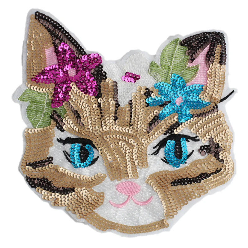 

10Pcs Cat Head Ironing Patches Iron Clothes Sequin Bling Bling DIY Accessories Applique Embroidery 20.2x20.3cm