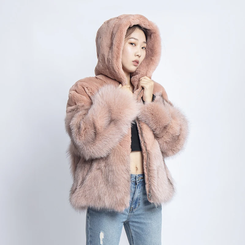 Кожаная куртка зимнее пальто женская короткая плюс размер настоящий кроличий