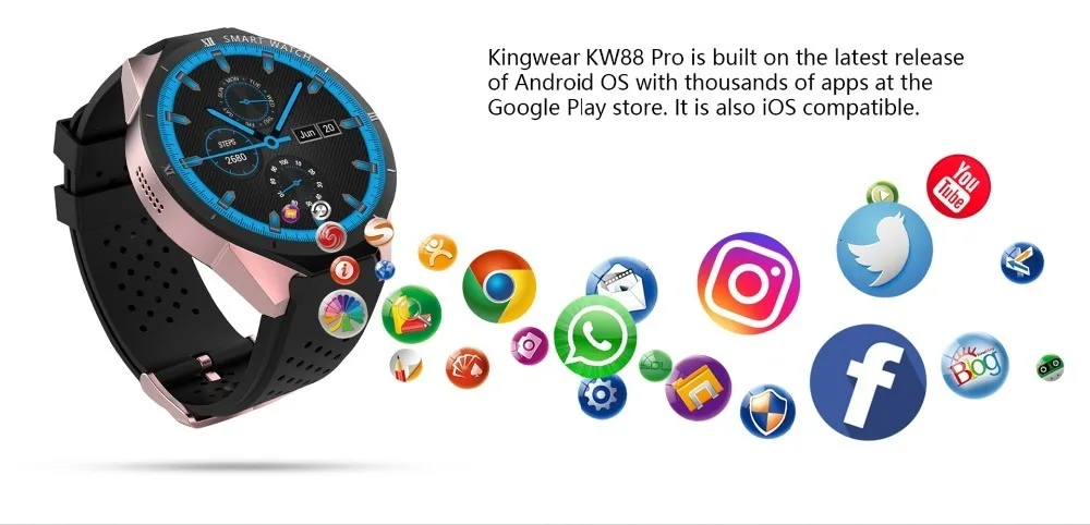 Смарт-часы KW88 Pro, 1 Гб+ 16 ГБ, Android 7,0, Bluetooth 4,0, wifi, 3g, умные часы, мужские наручные часы, Поддержка Google Store, голосовые gps карты
