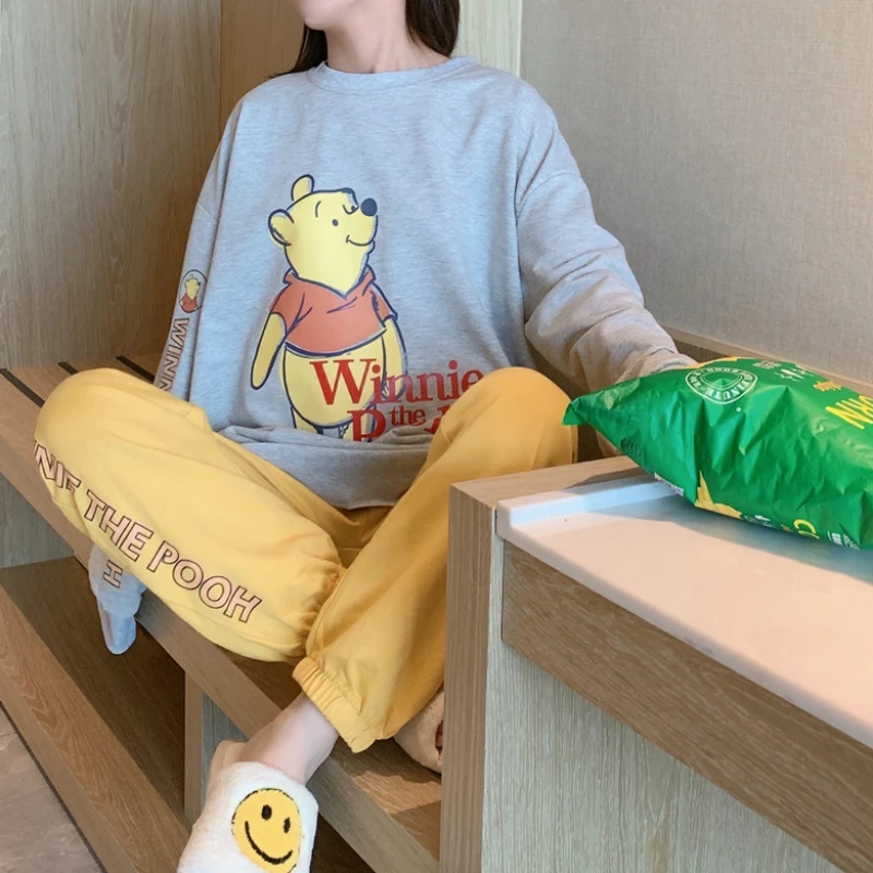 Disney Winnie the Pooh Cute Pajama Sets Woman Soft 2 Pieces Home Suit for Women Loose Shirt and Pants Conjunto Femenino Pijamas