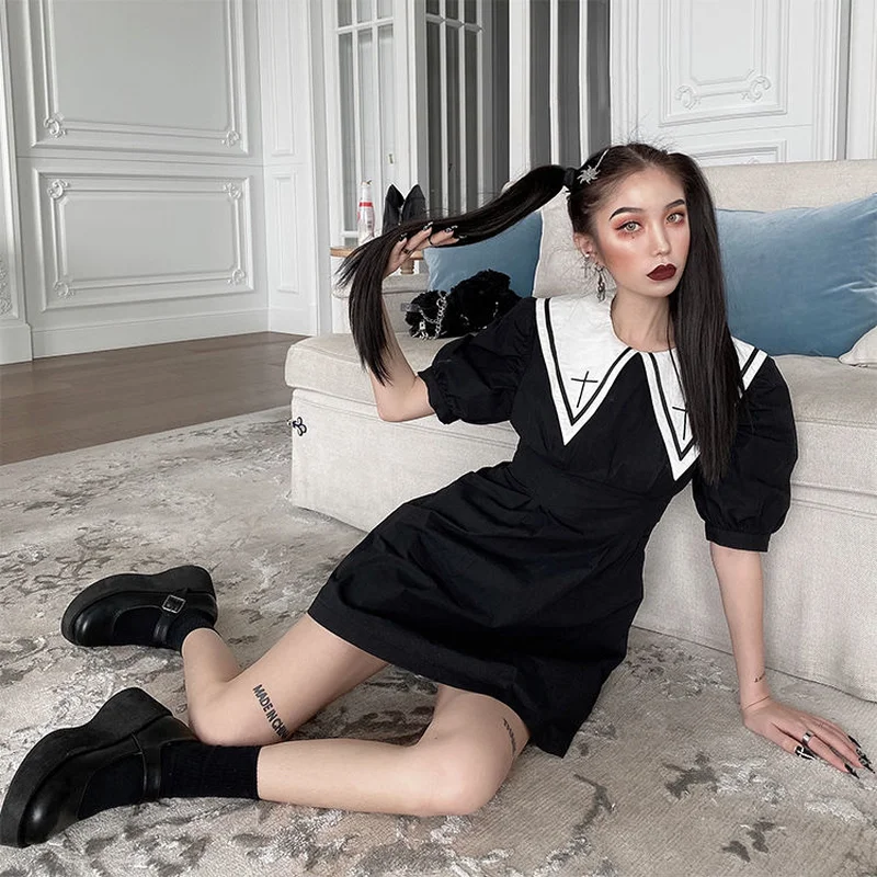 

KOSAHIKI 2021 Summer Kawaii Puff Sleeve Femme Robe Preppy Style High Waist Students Vestido Peter Pan Collar A-line Women Dress