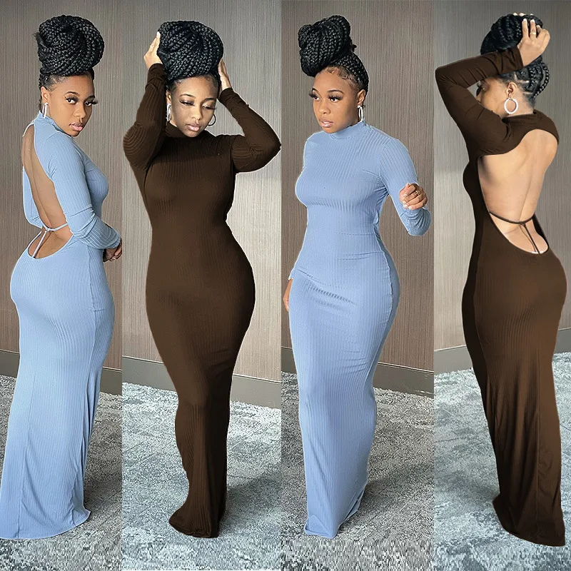 

Женское длинное платье-стрейч с длинным рукавом и открытой спиной