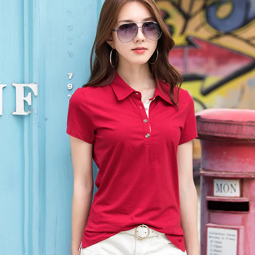 

Summer Polo Women Pure Color Cotton Short Sleeve Slim Polos Casual Plus Size Lady Polo Shirts Golf Tennis Tops Tees M-5XL