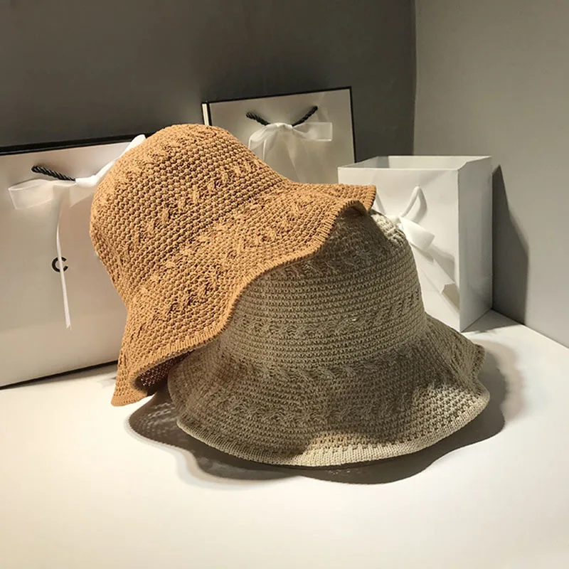 

2021 New Summer Korean Chic Style Knitted Hollow Breathable Cotton Bob Basin Hat Leisure Panama For Women Fisherman Hat