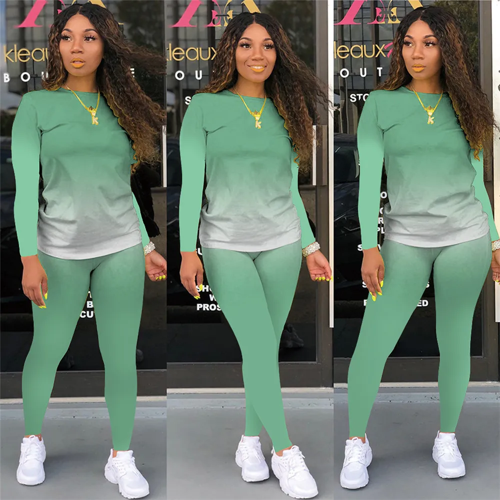 

VS&LLWQ Two Piece Set Women Fashion Gradient Print Bodycon Tracksuit Long Sleeve Top + Biker Joggers Pants Outfits Matching Set