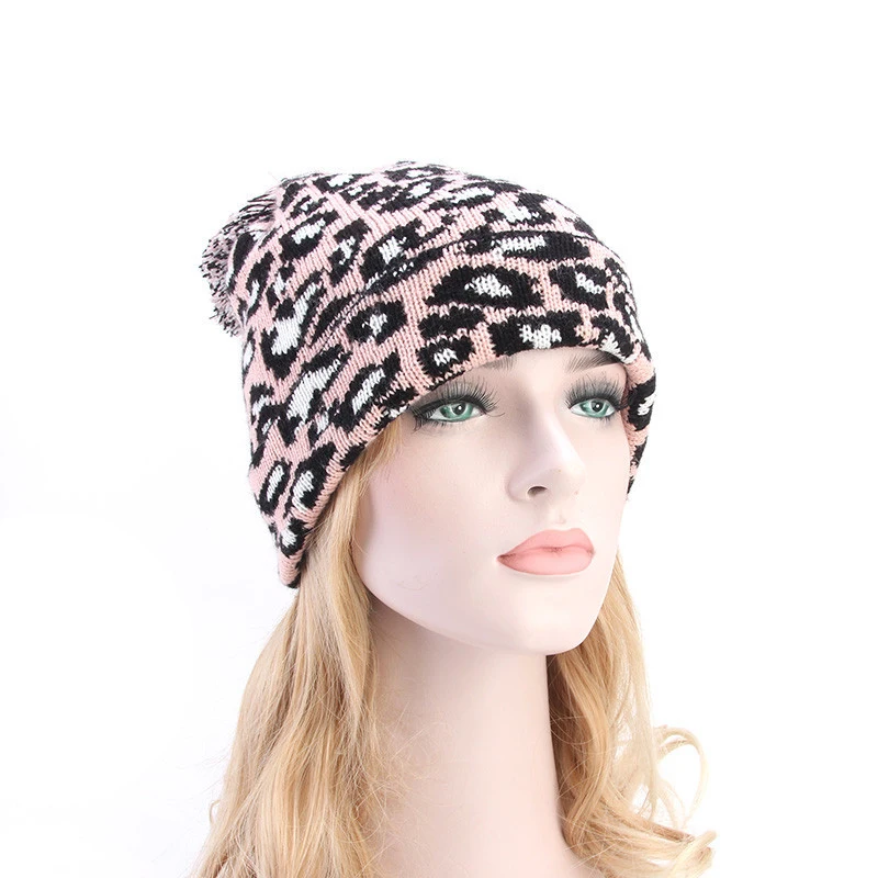 

Fashion Leopard Print Winter Hats For Women Knit Beanie Hat 2020 Balls Caps Warm Pom Pom Hats Knitted Beanie Hat