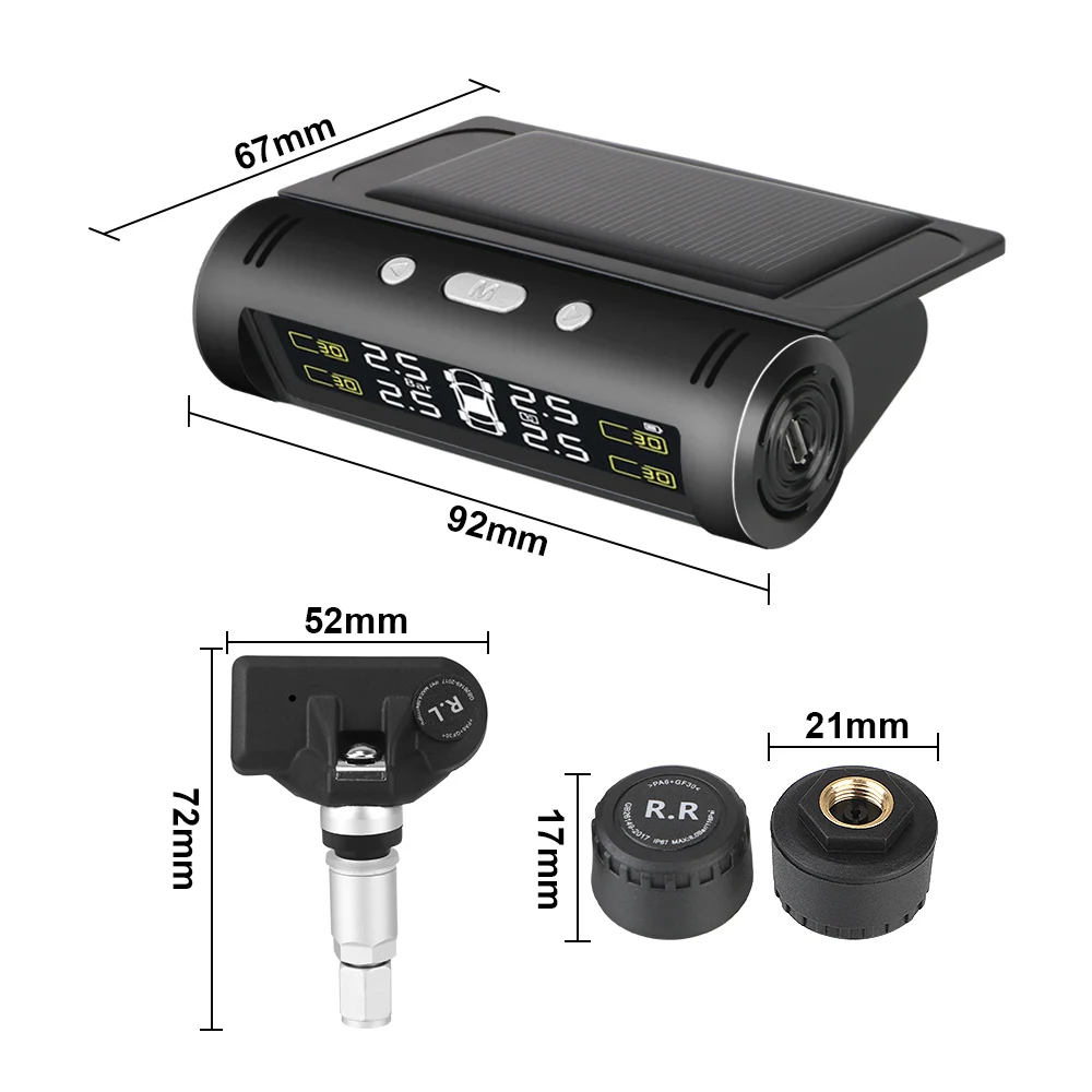 

Solar Power TPMS Temperature Alert Car Tire Pressure Alarm Monitor System Waterproof 4 Pcs Internal External Sensor Fuel Saving
