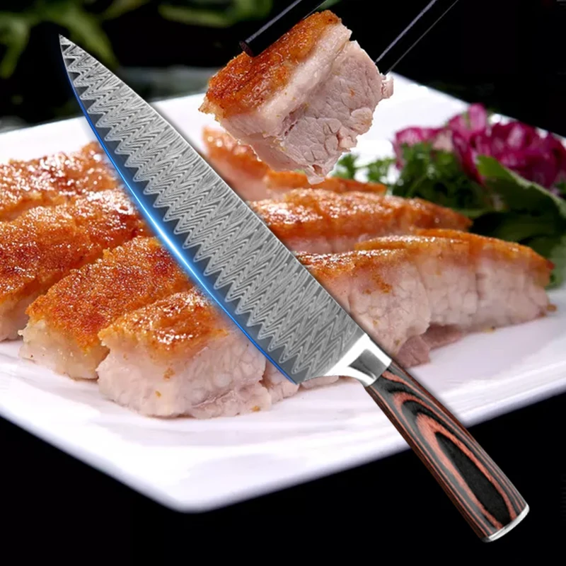 Кухонный нож шеф-повара из дамасской стали с лазерным узором зеркальный 8 дюймов