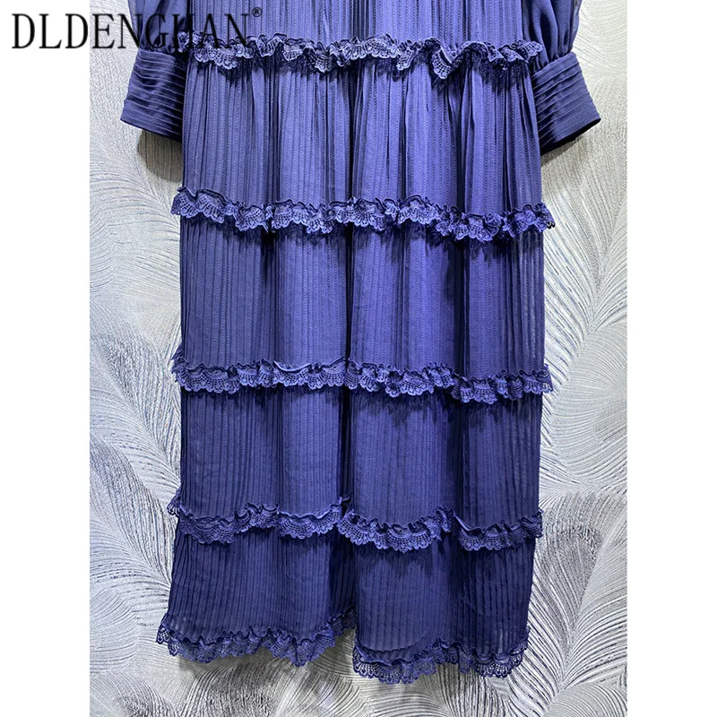 

DLDENGHAN Vintage Blue Long Dress Women's Turn-Down Collar Lantern Sleeve Ruffles Big pendulum Pleated Party Dresses Autumn New
