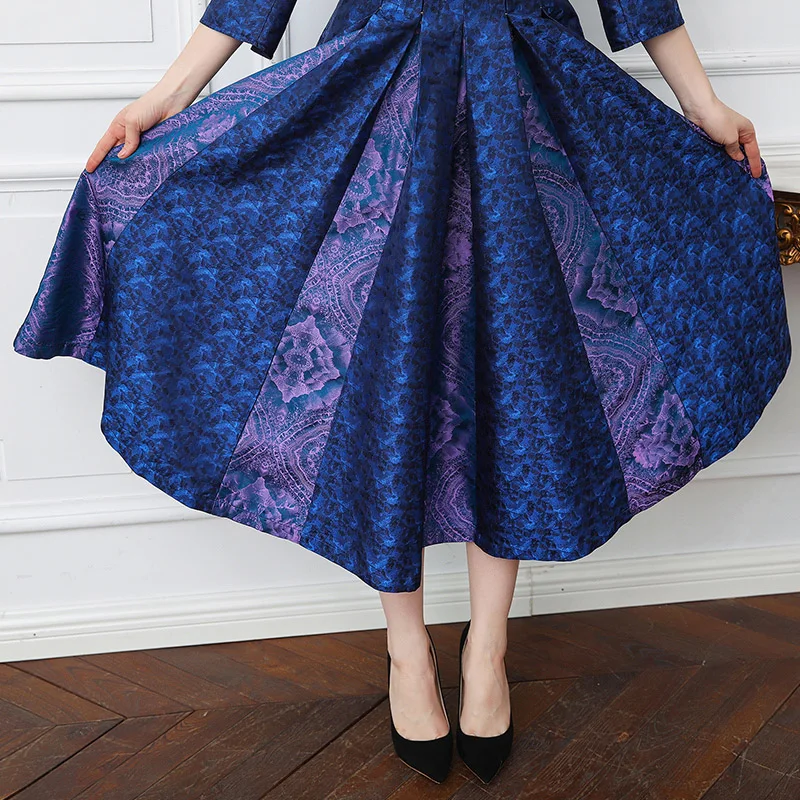 VOA 2018 весеннее темно синее винтажное платье больших размеров с высокой талией