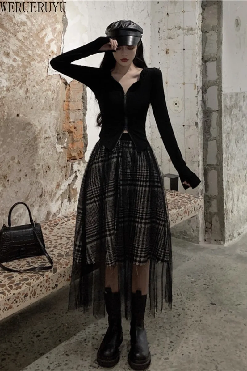 

WERUERUYU Mesh Skirt 2020 Autumn New High Waist Slim Temperament Mid-Length Korean Style Women's Skirt
