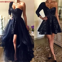 2021 new bling a line evening dresses navy blue one shoulder sequined tulle long sleeves detachable skirt formal prom gowns