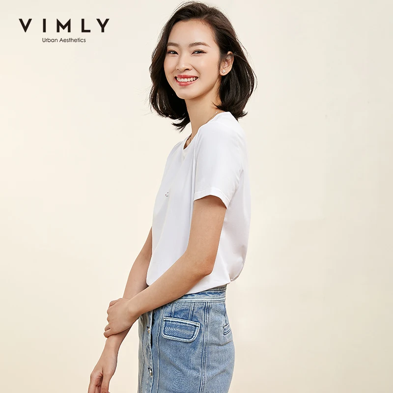 Vimly 2020 летняя Минималистичная женская футболка с принтом Vogue однотонная
