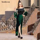 Smileven темно-зеленое Русалка Caftan вечернее платье вельветовое с высокой стороны Сплит блестками Выпускные платья с открытыми плечами Формальные Вечерние платья