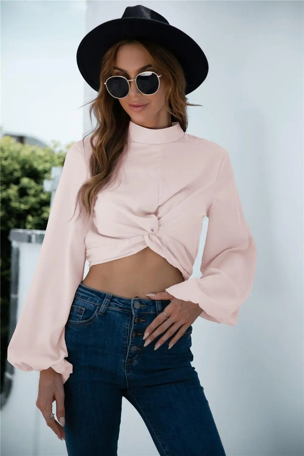 

2021 Women Casual Green Spring Autumn Chiffon Folds Lantern Sleeve Crop Tops Fashion Woman Blouses
