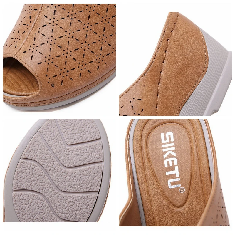 

New Arrival 2021 Women's Wedge Slippers Slides Pu Leather Cutout Comfy Soft Flip Flops Sandalia Feminina Open Toe Non-Slip 42