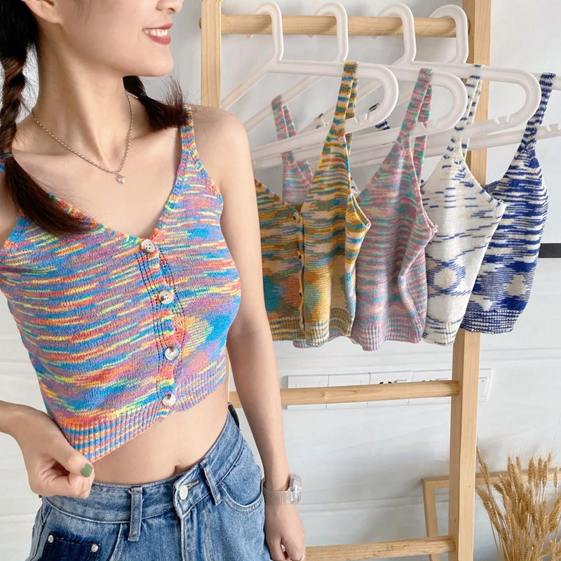 

Hit Color Knitting Tank Women Korean Style Sweet Cute Short Crop Top Female Sleeveless Vest 2021 Summer Bottoming Shirt