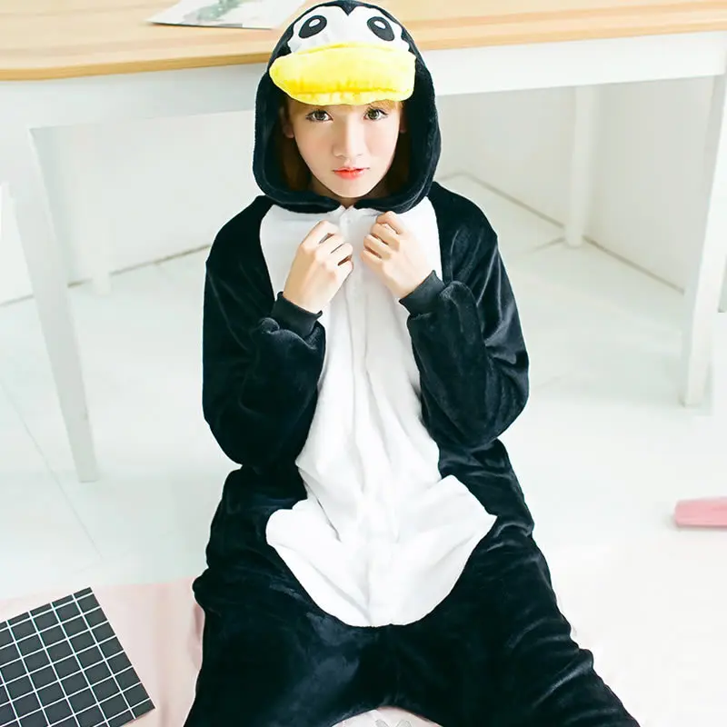 Cute Cartoon Kigurumi Black Penguin Pajamas Long Sleeve Hooded Onesie Adult Women Animal Halloween Christmas Sleepwear