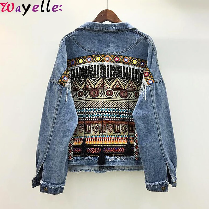Boho джинсовая куртка с кисточками Женская Осенняя винтажная вышитая Этническая