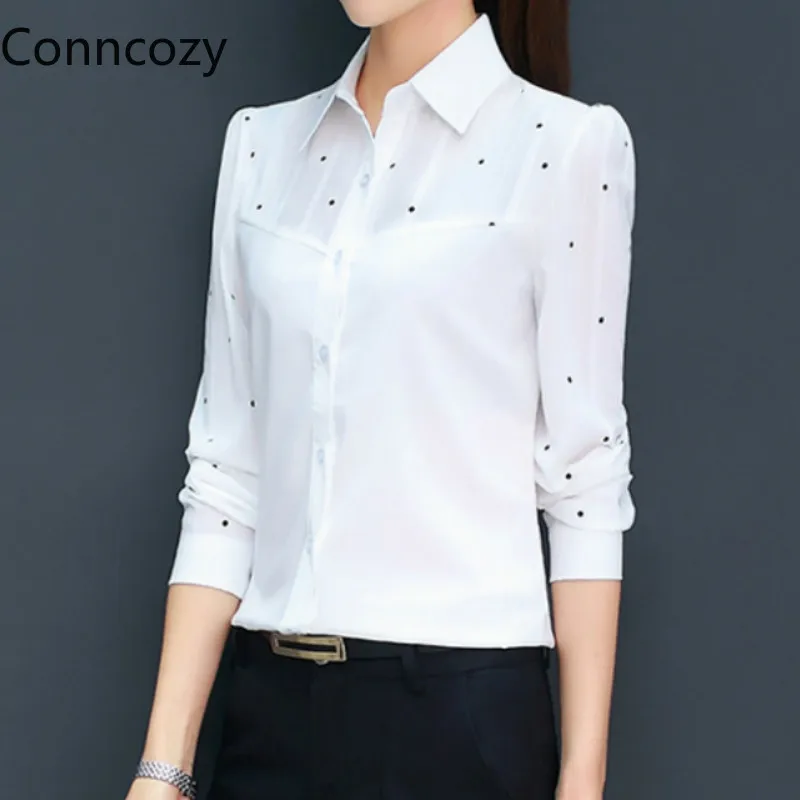 

Polka Dot Print Chiffon White Shirt Women Long Sleeve Spring Autumn Tops Slim Korean Work Casual Fashion Office Blouses Blusas