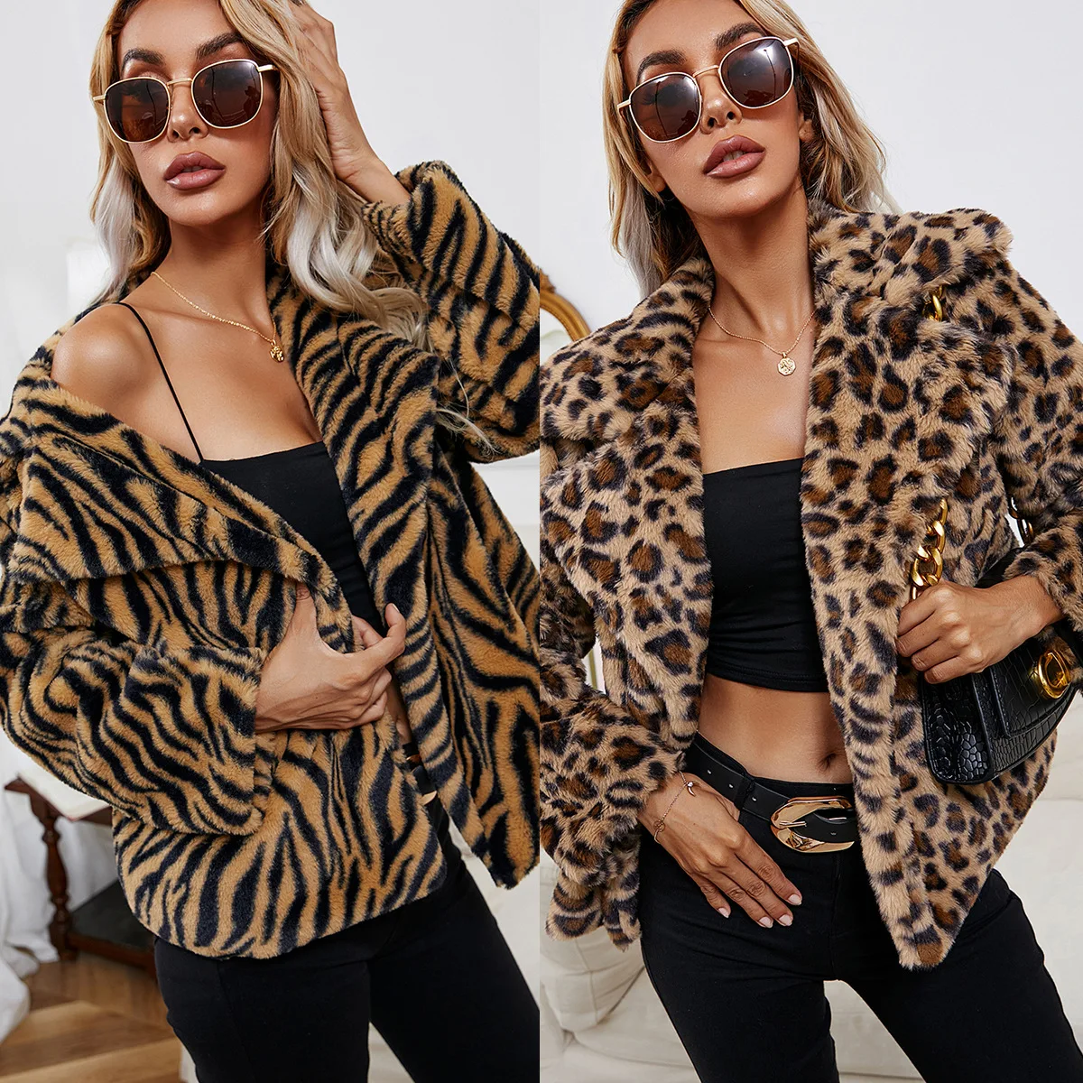 

2021 New Leopard Print Lapel Plush Loose Faux Fur Faux Leather Jacket Women Tops Casual Sweathershirt Winter Warm Coats