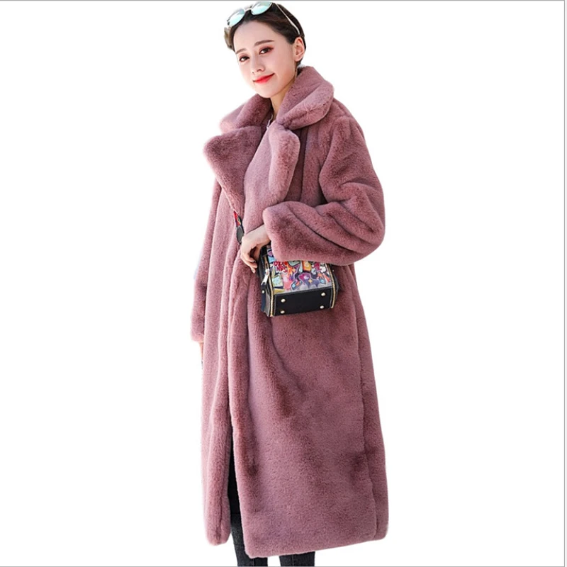 

Winter Women High Quality Faux Rabbit Luxury Long Fur Coat Loose Lapel OverCoat Thick Warm Plus Size Feminina LD1561
