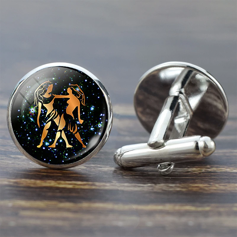 Gemini 12 Созвездие стеклянная запонка из сплава Leo знак зодиака Рыбы ручной работы стеклянные серебряные Костюмные запонки звенья Мужская рубашка подарок на день рождения - Окраска металла: Gemini