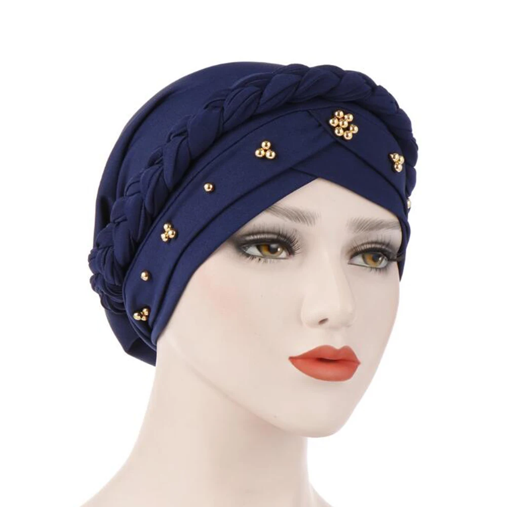 

1PC Muslim Hat Beads Braid Single Whip Turban Cap Solid Color Elastic Cotton Comfortable Bandanas Headscarf Hair Accessories
