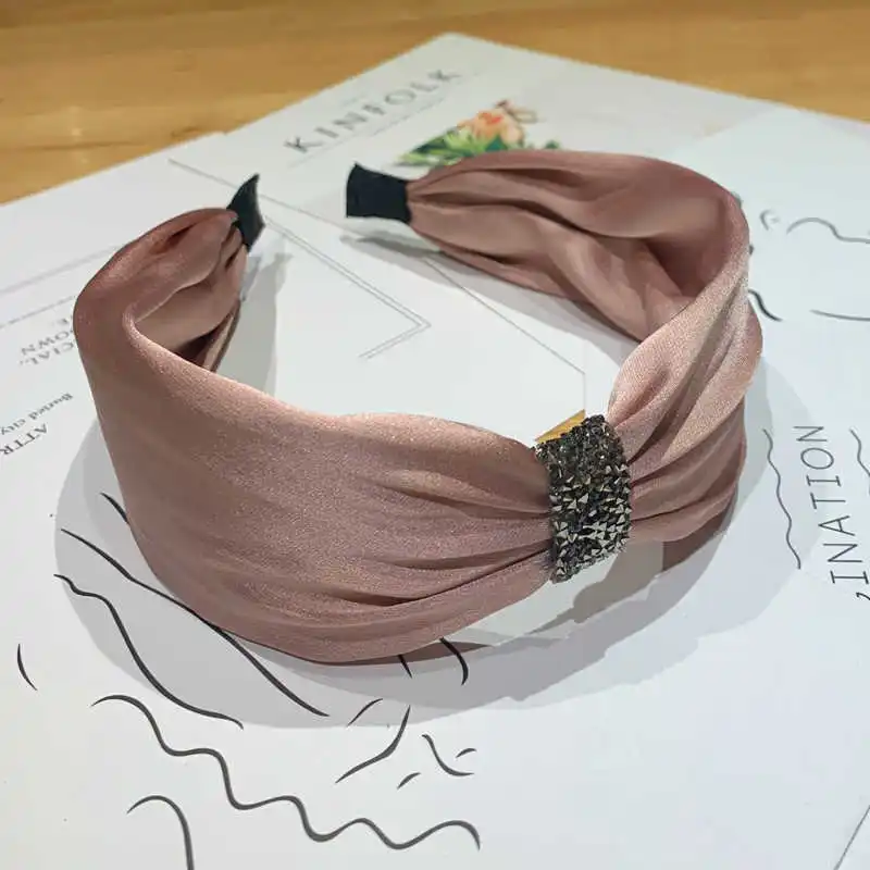 

Solid Color Cloth Rhinestone Hairband Headband Knotted Turban Side Wide Bezel Hair Hoop Hair Bands For Women Hair Accessories