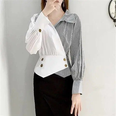 

2021 New Thin Waist Slim-Fit Women Shirt Spring Long Sleeve Cotton Top Fashion Asymmetric Striped Plus Size 4XL Female Blouse