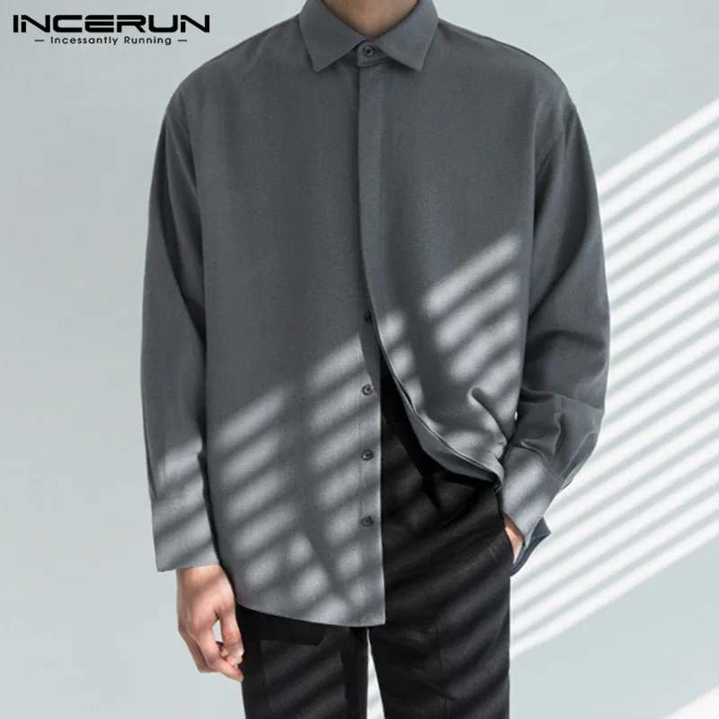 

Men Solid Color Long Sleeve Shirts INCERUN Casual Turn Down Collar Cotton Blouse Man Leisure Hidden Button Breathable Camisa 3XL