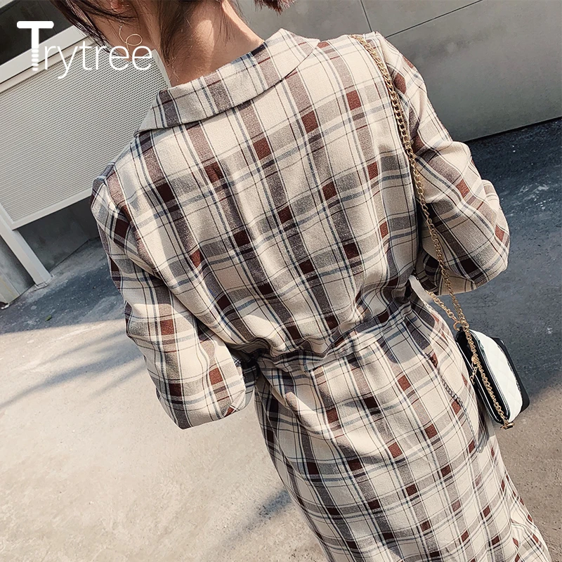 Весеннее женское платье Trytree 2020 повседневное однобортное клетчатое
