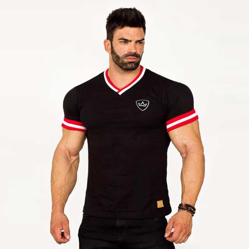 

European And American Men's Summer Sports Running Breathable Color Matching V-Neck Fitness T-Shirt Street Basketball Short Sleev