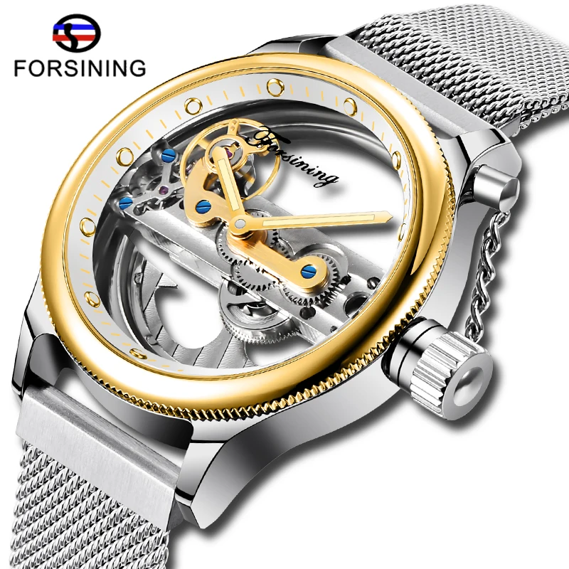 Luxury Brand FORSINING Golden Mysterious Apple Mesh Band Double Side Transparent Creative Watch Openwork Waterproof Male Clock | Наручные