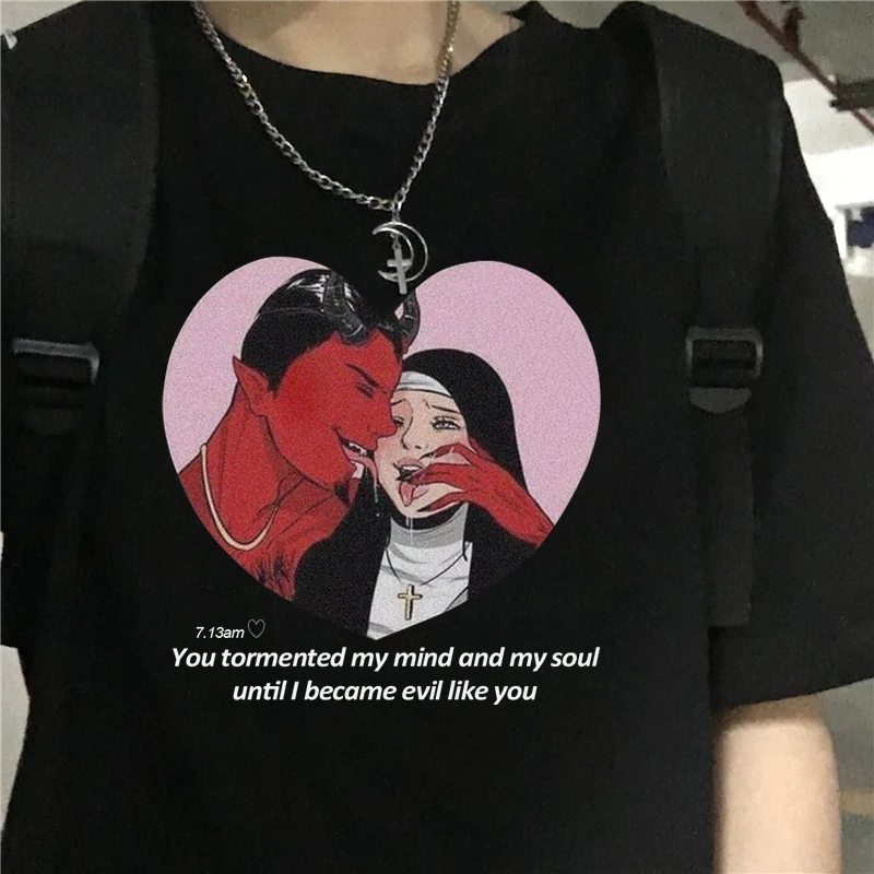 Летние свободные женские Топы Harajuku с принтом дьявола и надписями футболки