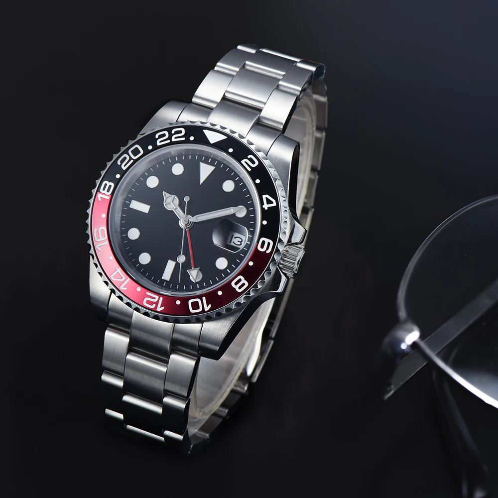 Мужские часы с автоматическим чёрным и красным циферблатом из нержавеющей