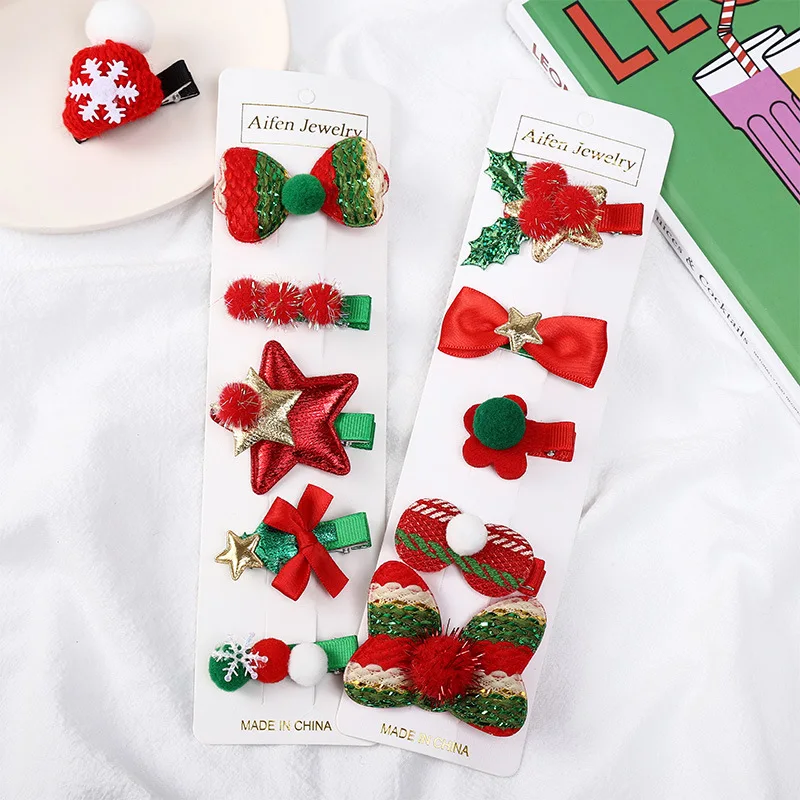 

5pcs/set Cartoon Christmas Set Girls Hair Clips Bow Barrettes Hair Ornament Headband Snowflake Hairpins 2021 Hair Accessories