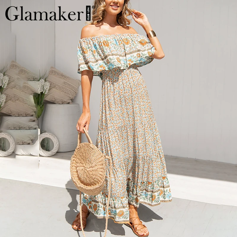 Glamaker Sexy off shoulder boho holiday dress Floral print ruffles high waist loose beach Women spring maxi new | Женская одежда