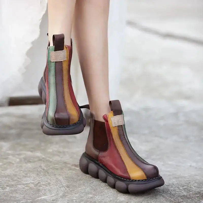 

Shoes Women Slip on PU Leather Booties New Autumn Winter Round Toe Retro Handmade Leisure Ankle Boots Women Shoe Platform