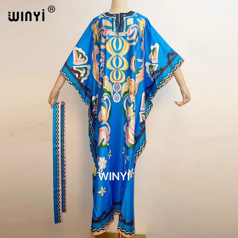 

WINYI 2021 Long Length Dress Women Silk Print Vacation Bohemian Batwing V Collar Over Size Elegant New Fashion Tide