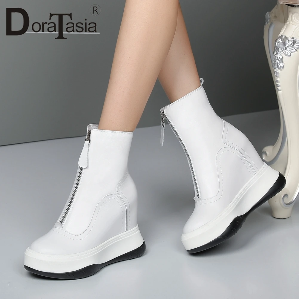 

DORATASIA New Female Genuine Leather Ankle Boots 2020 Autumn Height Increasing Boots Women Thick Sole Zip High Heels Shoes Woman