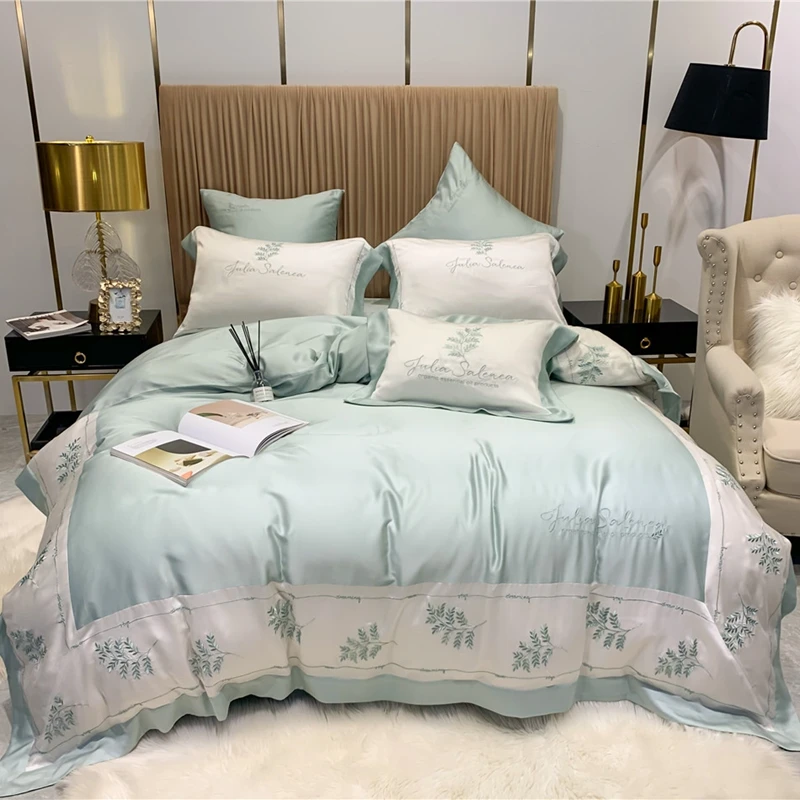 

Luxury 800TC Tencel Queen King Bedding Set 4/7pcs Bed cover Bedsheet pillowcase embroidery leaves Duvet Cover Bed set