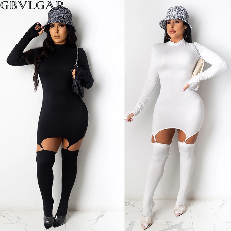 

Sexy Women's Dress With Hook Socks Solid Color Long Sleeved Dresses Slim Fit Hip Party Club Party Mini Bodycon Zipper Dress