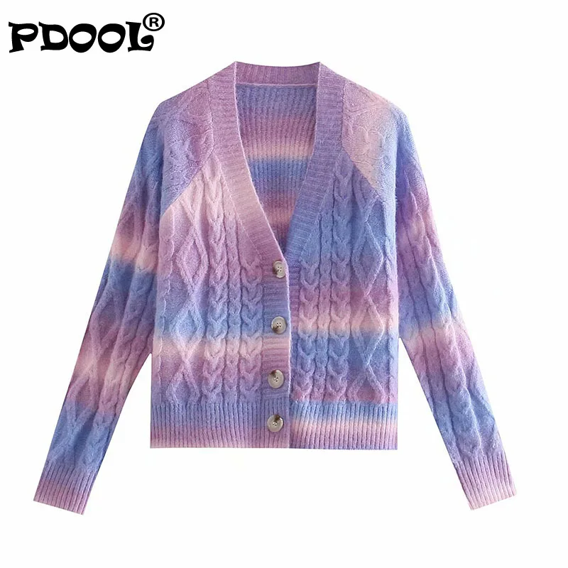 

Fashion Tie Dye Knitted Cardigan Women Vintage Long Sleeve V-Neck Single-breasted Ribbed Female Knit Sweater Chic Tops