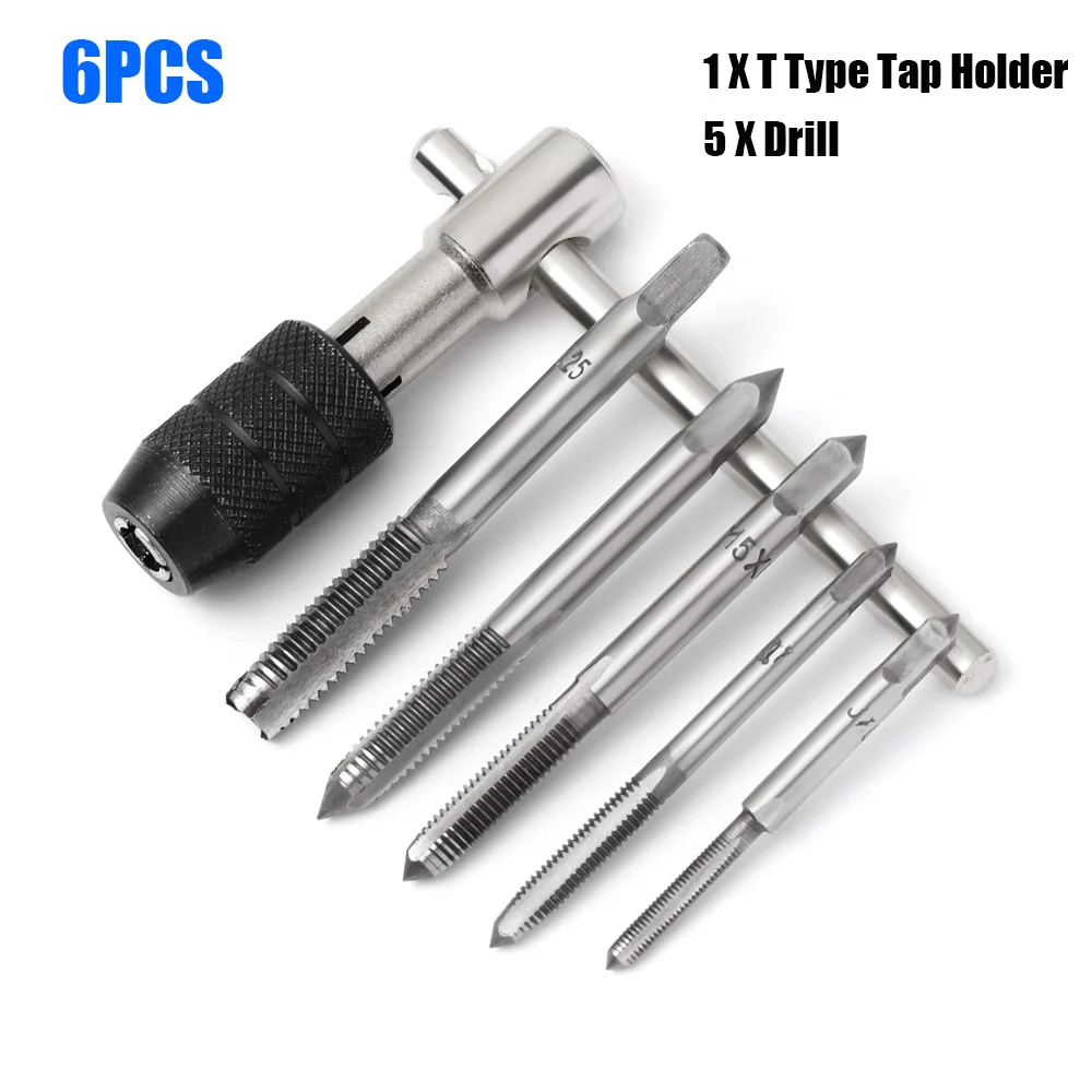 

6Pcs Hand Taps Drill Bit T-handle Hand Tool Screw Thread Metric Tap Wrench Chuck Set