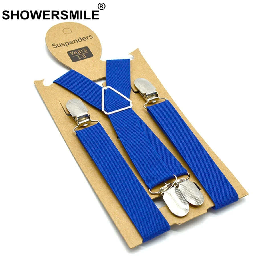 

SHOWERSMILE Kids Suspenders High Quality Child Braces Blue Suspenders Boys Girls Pants Strap Elastic 4 Clips Child Suspenders