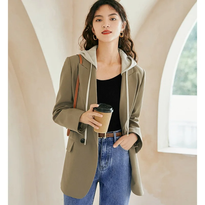 

Женский офисный двубортный блейзер с капюшоном, модная Ретро-куртка с отложным воротником и длинным рукавом